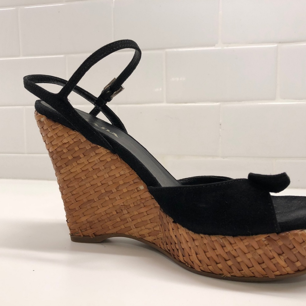 PRADA BLACK SUEDE + WICKER WEDGE PEEP TOE SANDALS - Picture 8 of 8